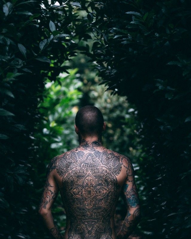 Full ornamental back piece on a client standing in dark foliage