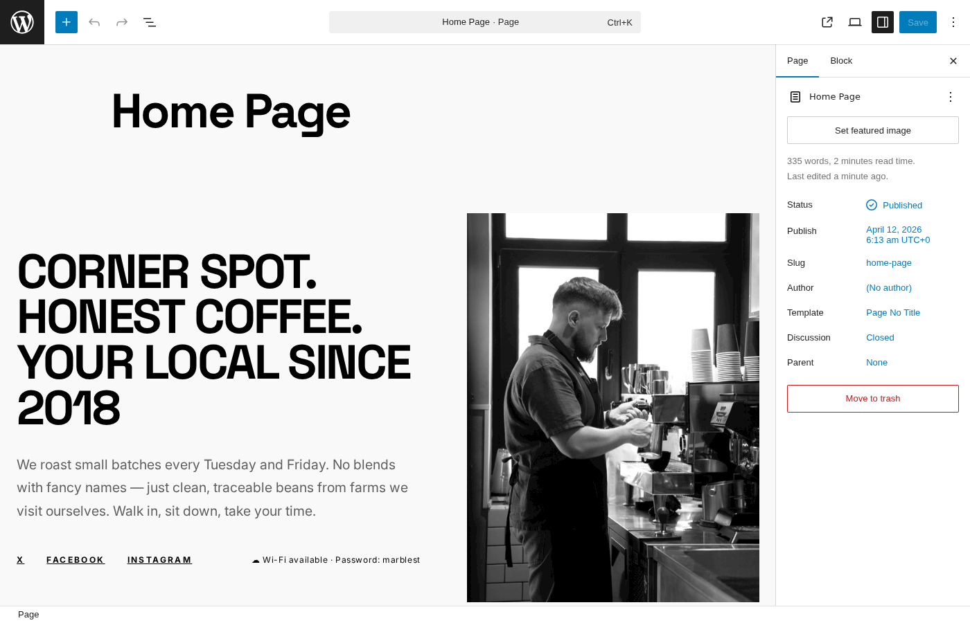 Home Page in the block editor with Coffee Shop design